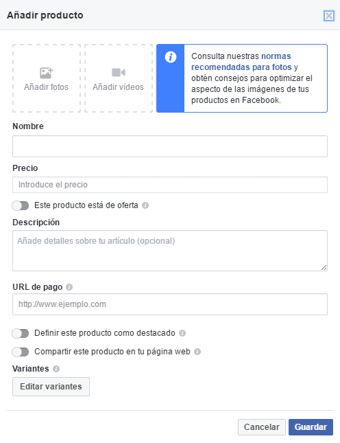Configurar la ficha de producto en una tienda de Facebook online
